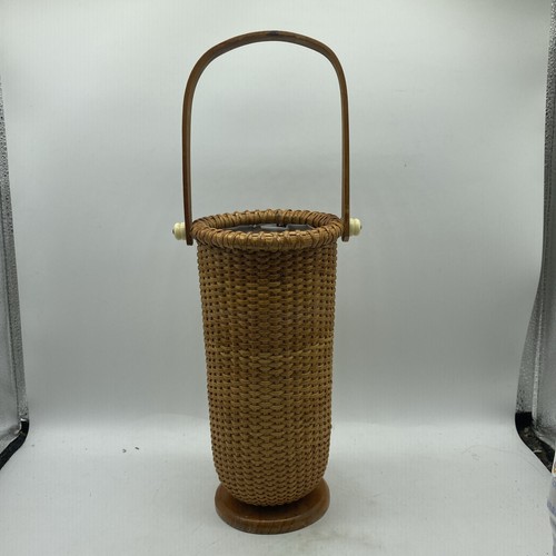 "Cesta de vino náutica Nantucket base de madera tejida y mango portabotellas 14,5"" 16"