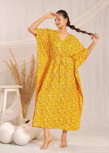 Vestido de encubrimiento de playa de verano estampado en bloques indios caftán algodón puro amarillo brillante - Imagen 5 de 9