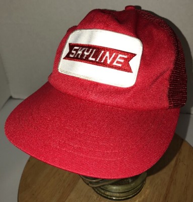 Vintage SKYLINE TRUCKING Red Trucker Hat Cap Snapback PATCH Green Underbill LOGO