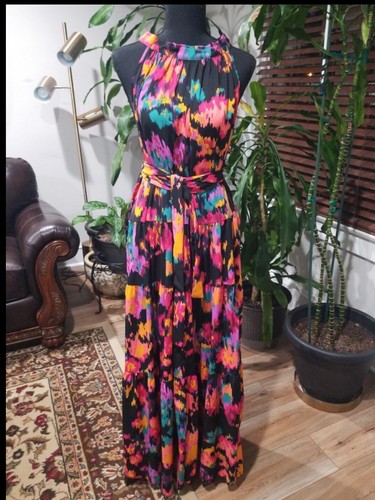 Allover Print Ruffle Hem Belted Halter Dress (Color : Multicolor, Size 4xl