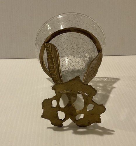 VTG Art Deco Glass Vase Brass Base Round Crackle Glass Planter Bowl Art Display - Picture 6 of 6