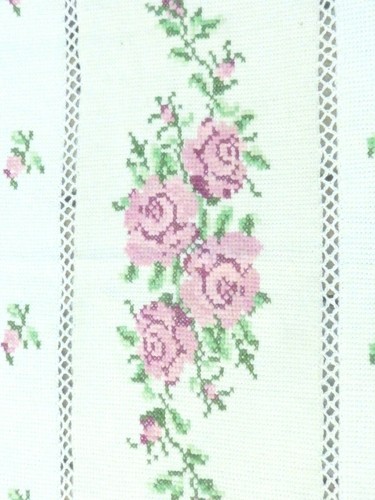 Vintage Handmade Crochet Afghan Blanket Throw Cross Stitch Pink Rose Green 46x58 - Picture 6 of 8