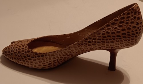 Liz Claiborne Snake Print Leather Gold Flecks Peep Toe Sz 8 Slip On Career Heels - Picture 15 of 23
