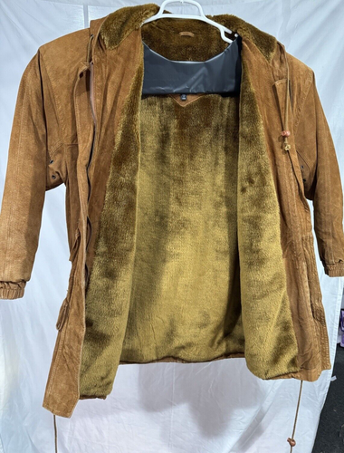 Large Heavyweight Hooded Lined Vintage Brown Suede Leather Jacket Women - Picture 12 of 15