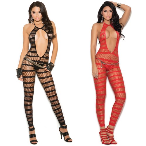 Striped Diamond Net Bodystocking Crotchless Footless Open Front Lingerie 1632