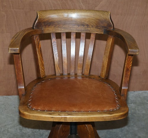 ANTIQUE CIRCA 1900 EDWARDIAN DIRECTORS OFFICE CAPTAINS ARMCHAIR BROWN LEATHER - Picture 3 of 12