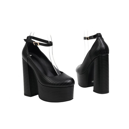 Hot Women's Round Toe Platform Pu Leather Buckle Block High Heels Party Shoes - Picture 8 of 11