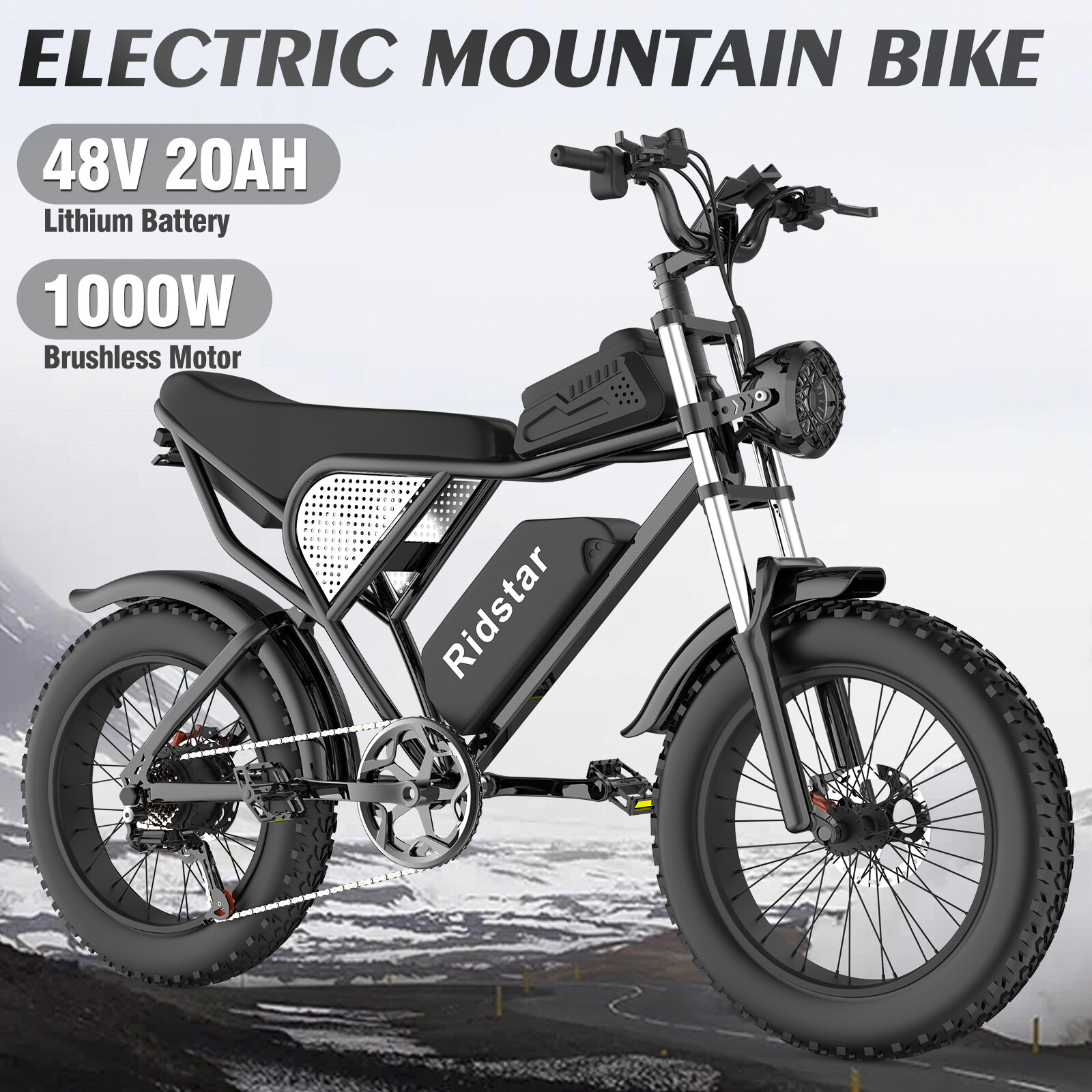 Ridstar Electric Bike 20"Fat Tire Moto 1000W 48V Battery 30MPH 7 Speed for Adult