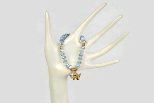 Crystal Beaded Stretch Elasticated Bracelet with Gold Tone Angel Charm 4 Colours - Picture 15 of 28