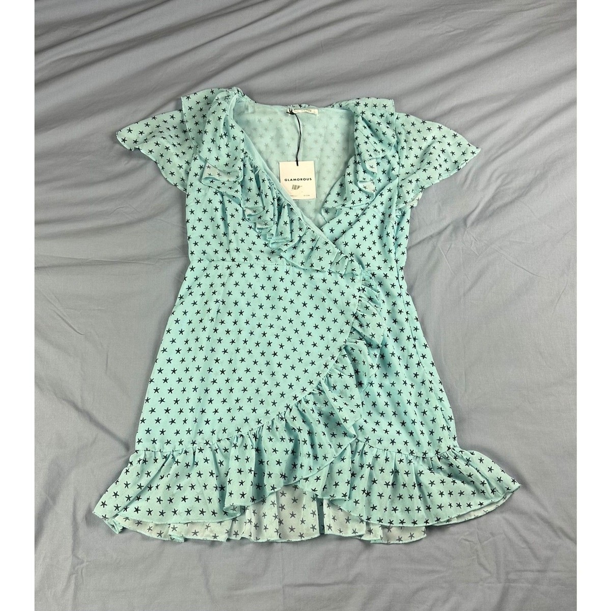 glamorous green polka dot dress NWT Ladies Mini Wrap Aqua Starfish Print Ruffles Size 8 Mirror Work