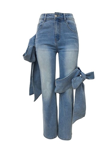 Damen Freizeit Jeans Neu Stylisch Fliege Hohe Taille Gerade Beine Denim Hose - Bild 4 von 7