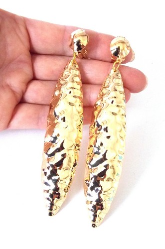 CLIP-ON Long Gold Hammered Ladies Drop Statement Earrings - Picture 3 of 3