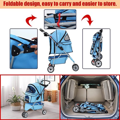 3 Wheels Dog Strollers Pet Stroller For Small Medium Pet Jogging Stroller Blue - Picture 6 of 8