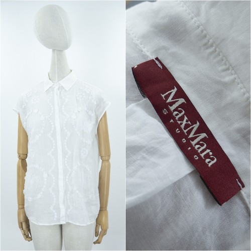 MAX MARA Women's White Ramie Floral Short Sleeve Button-Down Collared Shirt S - Picture 2 of 9