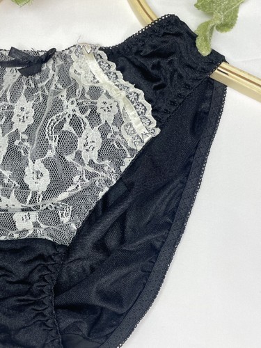 Vintage Sheer Black Nylon Panty Briefs Hip 38-41" Sz.7/L White Lace Sissy Bikini - Picture 9 of 22