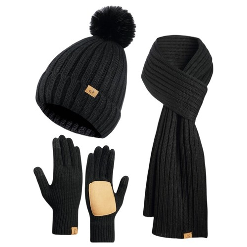 Winter Beanie Fleece Lined Pom Pom Hat Long Scarf Touchscreen Gloves for Women - Picture 14 of 16