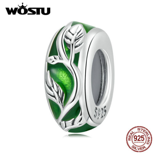 Wostu 925 Sterling Silver Happiness Green Vine CZ Spacer Bracelet Charm Bead  - Afbeelding 1 van 12