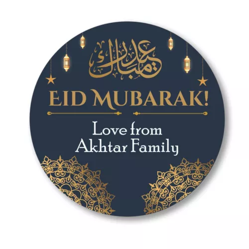 Personalised Eid Mubarak Stickers Ramadan Kareem Celebration Round 35 Label Navy - Picture 1 of 10