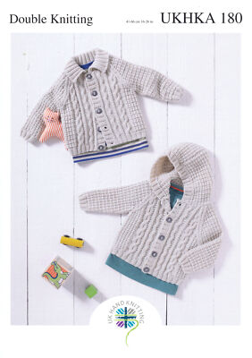 Doppelstrickmuster Baby Strickjacke mit Kapuze oder Flachkragen Zopfmuster UKHKA 180