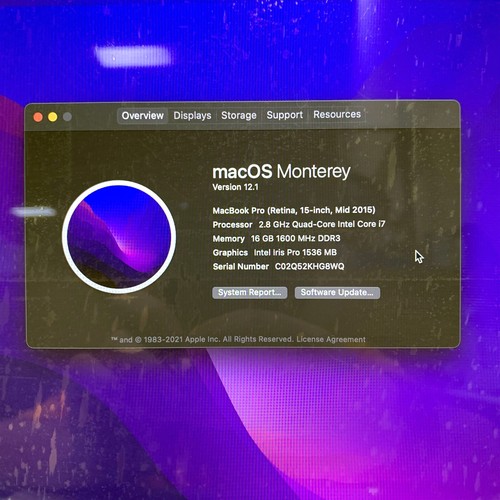 Apple Macbook Pro 11,4 A1398 15.4" Retina i7-4980HQ 2.8GHz 16GB 1TB SSD Monterey - Picture 2 of 7