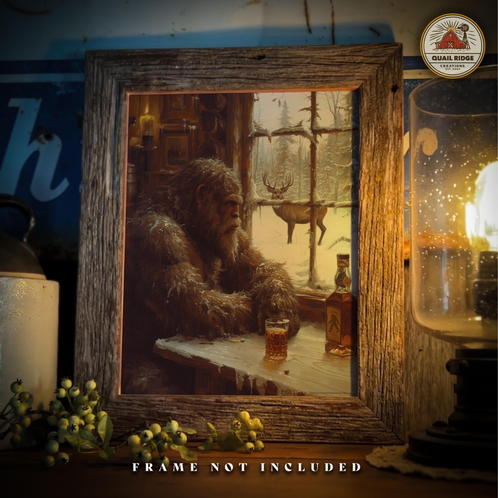 Vintage Sasquatch Bigfoot Art Print Deer Hunting Artwork Cabin Whiskey Bar Decor