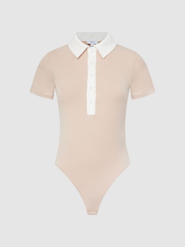 REISS Avery Short Sleeve Polo Bodysuit Top in Neutral/Ivory - Picture 5 of 6
