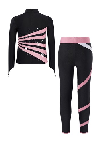 Kids Girls Set Shiny Tracksuit Long Sleeve Outfit Child Leggings Patchwork Tops - Picture 14 of 63