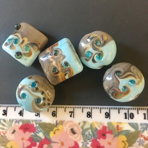 Set 5 Large Opaque Light Blue Taupe Sand Glass Lampwork Beads Artisan Hamdmade - Picture 4 of 5