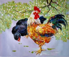 Hand Painted Colorful Impressionist Roosters Cocks Oil Painting on Canvas