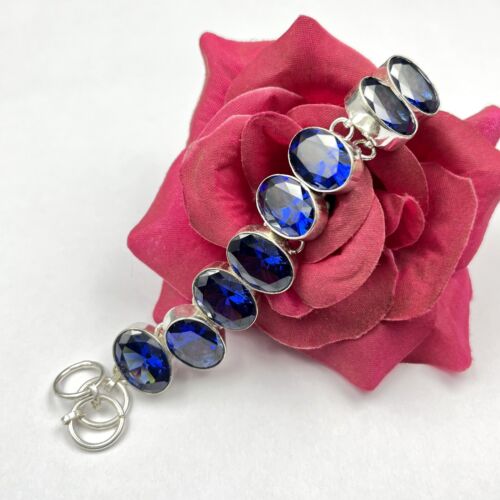 925 Sterling Silver Oval Blue Tanzanite Gemstone Handmade Jewelry Chain Bracelet - Picture 7 of 7