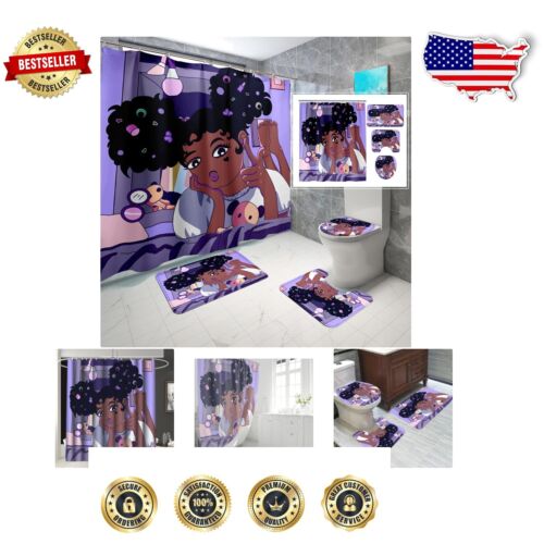 Vivid Cartoon African American Girl Shower Curtain Set with Bathroom Rugs, 70 In