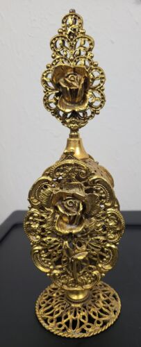 Vintage Gold Metall Ormolu filigran Parfum Flakon (verzierte Rose) - Bild 2 von 4