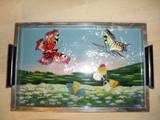 Art Deco Serviertablett - Schmetterlinge / 1920er Original Hinterglas Vintage