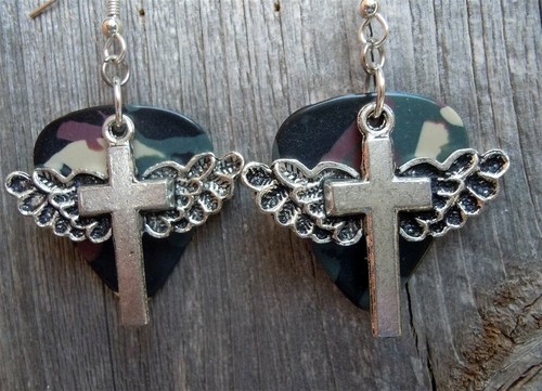 Winged Cross Charm Guitar Pick Earrings - Pick Your Color - Picture 18 of 21