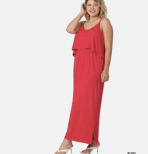 Zenana Ruby Red Ribbed Double Layer Side Slit Maxi Dress Plus Size 1X