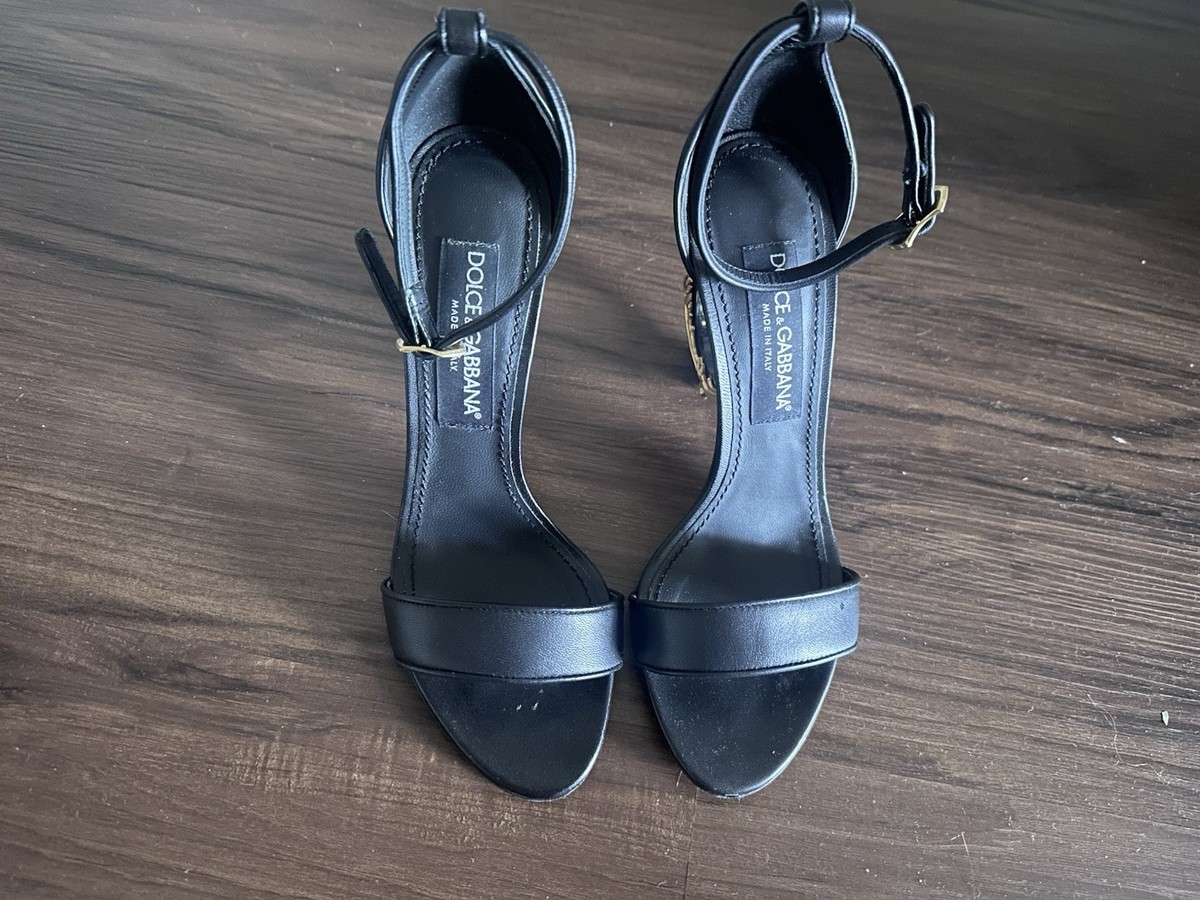 Dolce & Gabbana DG Logo Heel Sandals Black Leather Size 38.5
