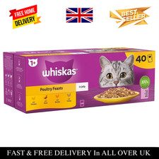 40 x 85g Whiskas 1+ Poultry Feasts Mixed Adult Wet Cat Food Pouches in Jelly 4.41 per kilo