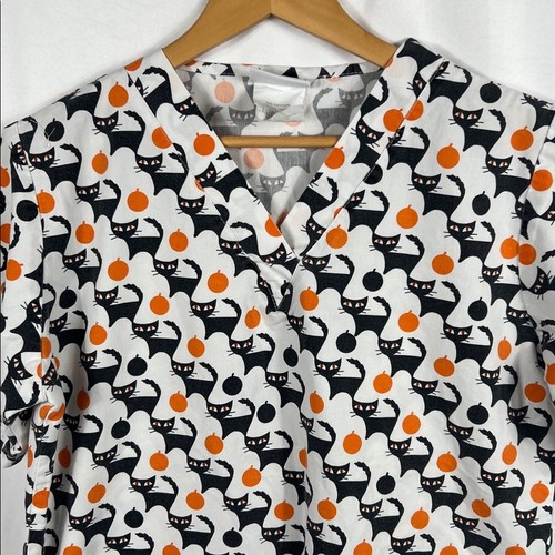 VINTAGE 90's UA SCRUBS Women's Halloween Scrub Top Sm Shirt Sleeve Scaredy Cat - Picture 2 of 6