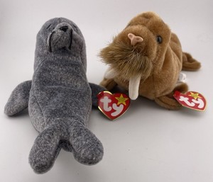 Ty Beanie Baby - PAUL (1999, walrus) & SLIPPERY (1998, seal)