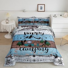 Camping Decor for Camper Comforter Set Lodge Cabin Camp Travel Car Bedding Se...