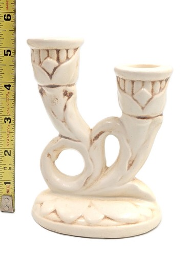 Red Wing Pottery 397 Double Candle Holder Eggshell Ivory Antiqued Brown 5.25 in. - Picture 5 of 5