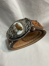 Longhorn Western Belt W Buckle Featuring Two Horses Silver Tone Size 32