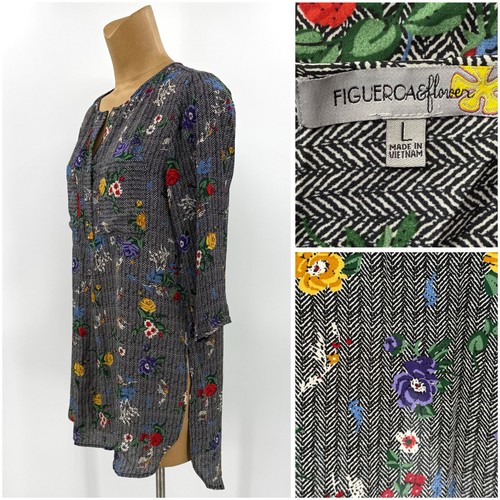 Figueroa & Flower Large 12 Black Floral Chevron Long Tunic Top Shirt Womens - Picture 1 of 12