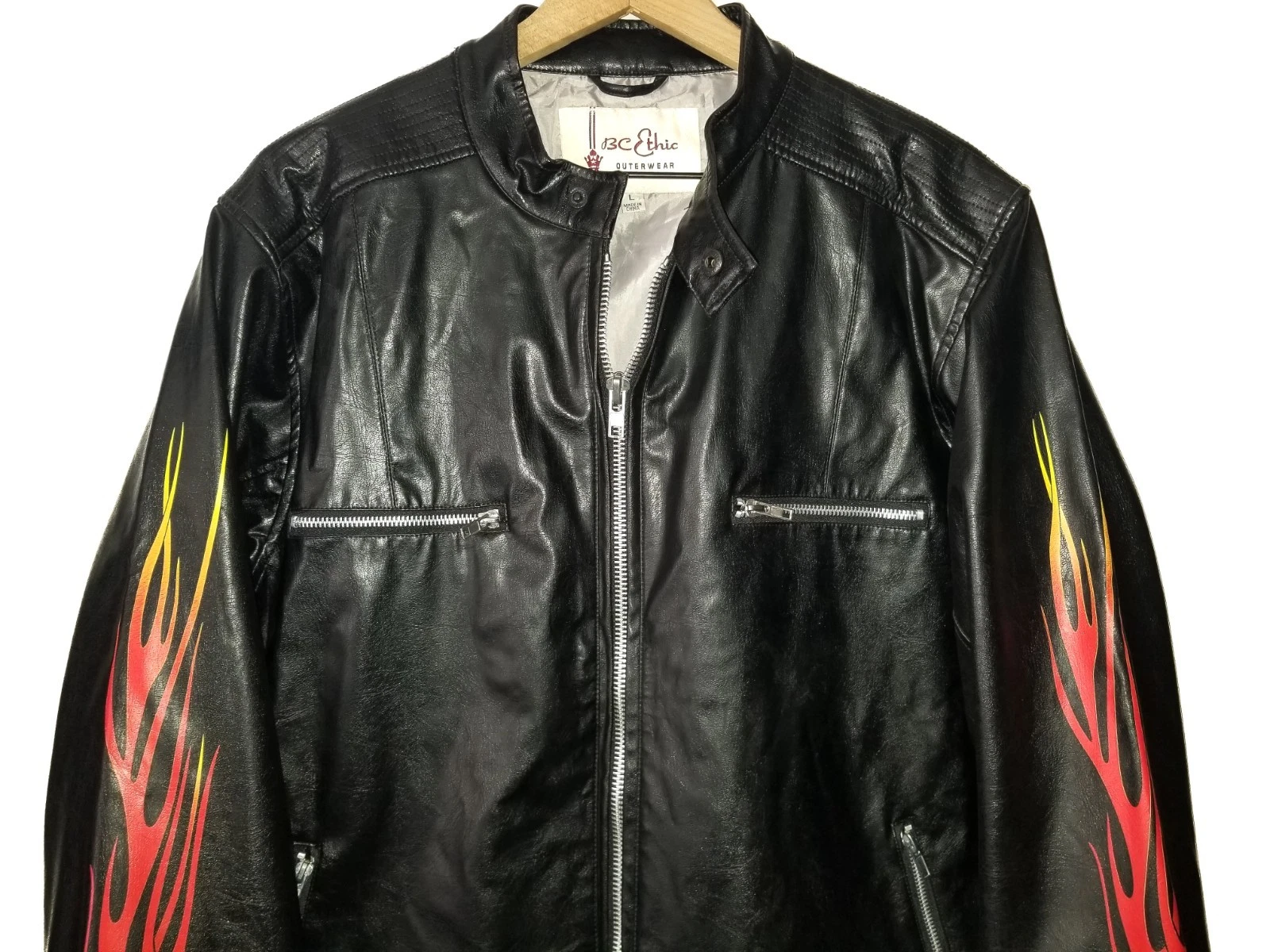 BC Ethic Faux Leather Jacket Vintage 90s Black Fire Flame Sleeves Mens LG - product detail image 8