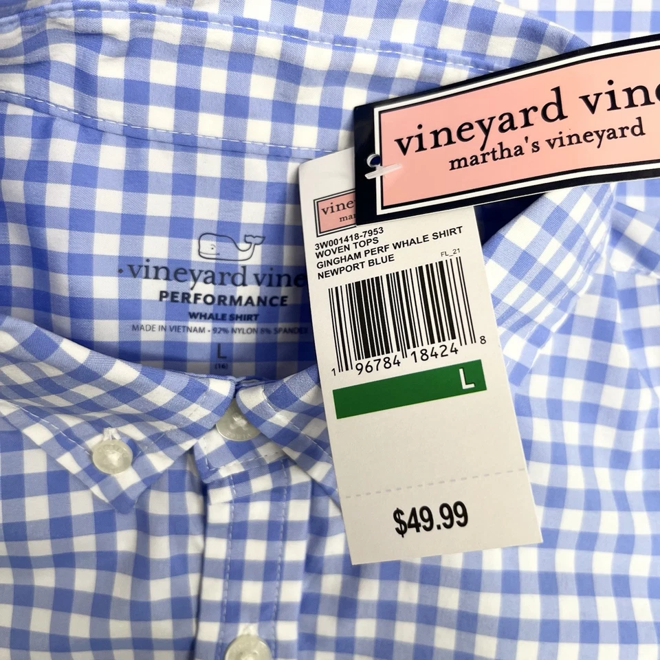 Camisa Vineyard Vines Performance NUEVA para niños talla L (16) azul guinga a cuadros ballena Foto 2 de 4