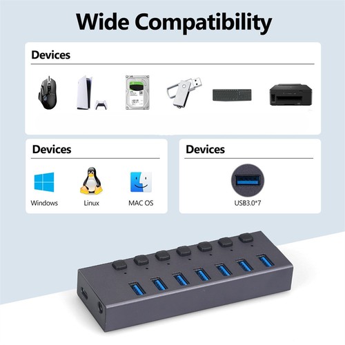 7 Port USB 3.0 Hub Splitter Adapter High Speed For PC Laptop Mac Desktop - Bild 4 von 7