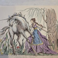 Chiene Eriksen 1979 Fantasy Genre Watercolor Unicorn In The Garden Maiden Nature