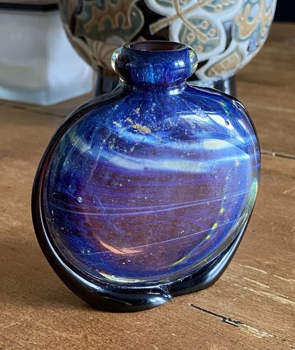 Vintage Mdina Side Stripe Vase Early Piece Attractive Purple Silver Studio Glass