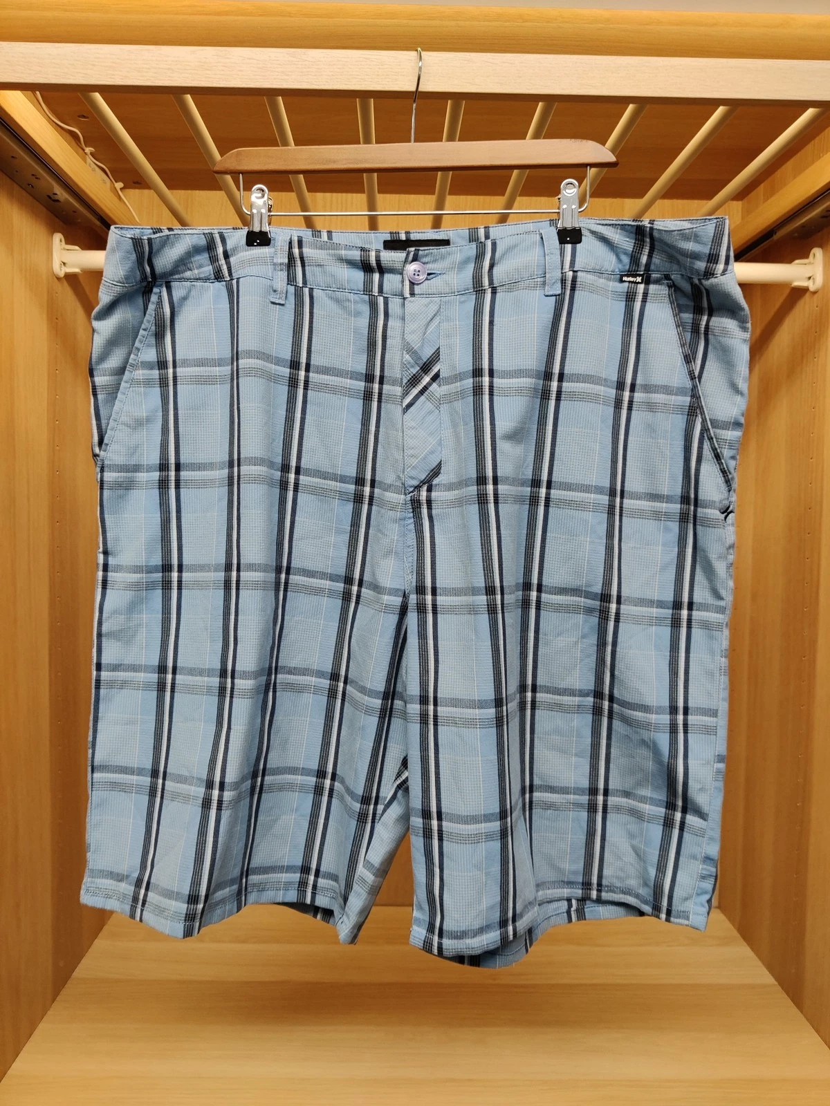 HURLEY SHORTS W42 BLUE CHECK COTTON SUMMER CHINO MENS HOLIDAY SMART CASUAL