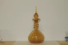 Vintage Rainbow Art Glass Amber Crackle Decanter with Spiral Trim - 12” Tall